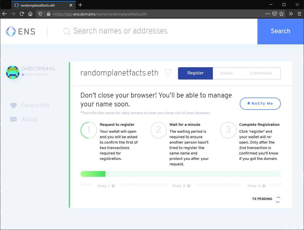 Registration screen within ENS.